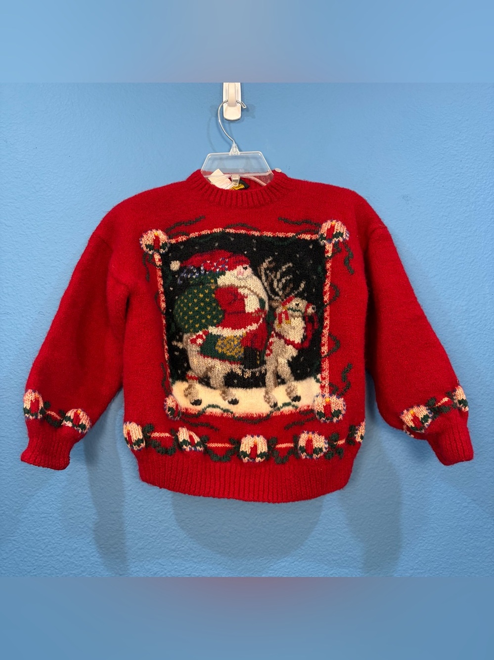 Vintage South Wool Hand Knitted Wool Christmas Santa Kid's Sweater Size Large